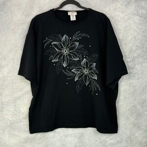 Vtg Morning Sun Black‎ Floral Print T Shirt Womens Sz 3XL USA casual glitter